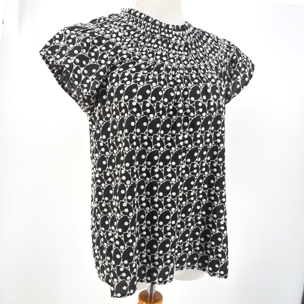 LOFT Top Embroidered Eyelet Smocked Neck Black White Boho Chic Teacher Small